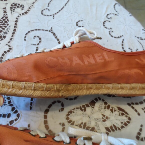 New Chanel Orange Signature Logo Canvas Lace Up Espadrilles Size 37B - Picture 6 of 16